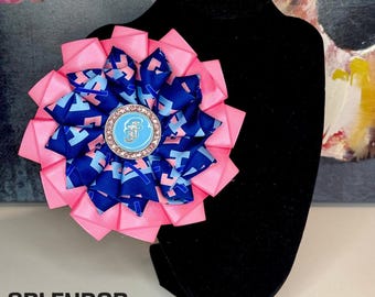 JJOA Pink and Navy JJ Fabric Flower Brooch with Interlocking JJ Center - Jack and Jill of America