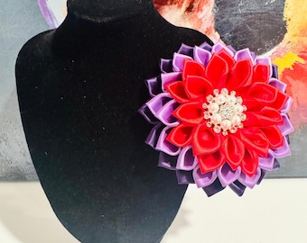 DST Inspired 3-Color Red, Light Purple, and Deep Violet Satin w/Pearl and Crystal Jewel Flower Brooch
