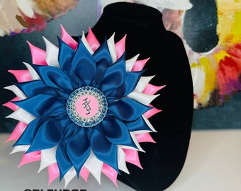 JJOA Navy/White/Pink Satin Kanzashi Ribbon Flower Brooch with Rhinestone Interlocking JJ Center - Jack and Jill of America