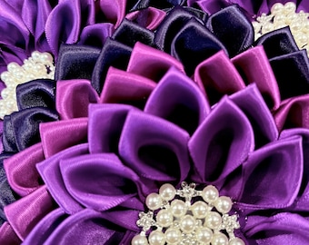 DST Inspired Oversized tri-color Violet & Pearl Satin Flower Brooch