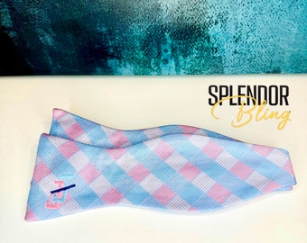 Jack and Jill of America light blue/light pink check bow tie (self tie)