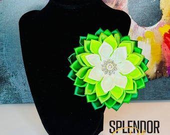 LINKS 5-layer Graduated White, Chartreuse, and Greens Satin Flower Brooch w/Petite Pearl Center - The Links, Incorporated