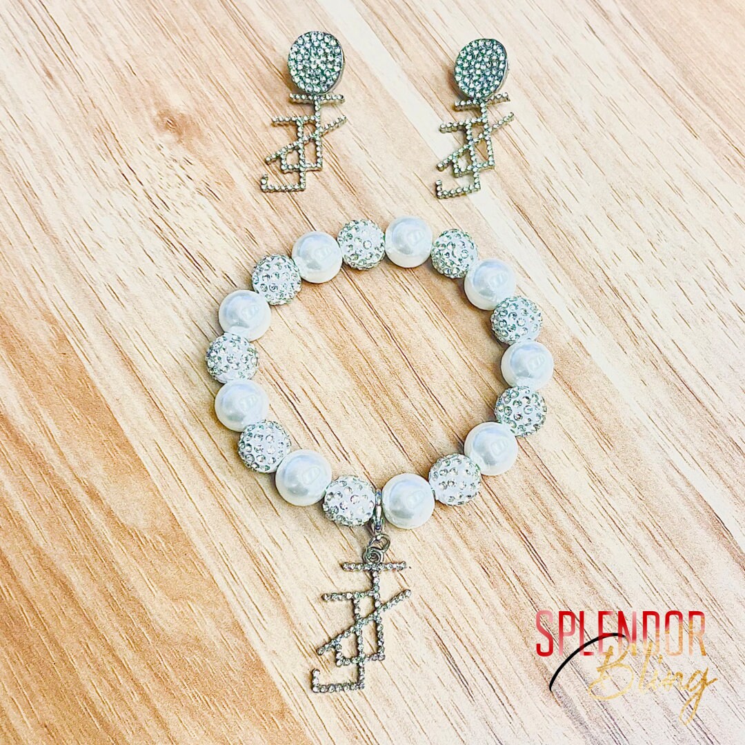 Protocol Perfect Pearl Sparkle Bead Bracelet W/jj Logo and Rhinestone 