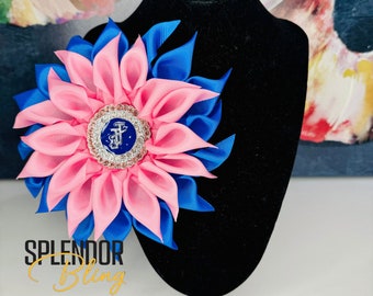 JJOA Pink and Royal Blue Kanzashi Flower Brooch with Rhinestone Interlocking JJ Center - Jack and Jill of America