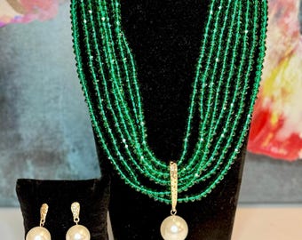 LINKS Green Beaded Multi-Strand w/Pearl Charm Necklace and Earrings Set