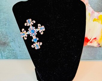 Oversized Pink & Blue Rhinestone Cross Brooch with Pendant Loop - Jack and Jill of America Chaplain