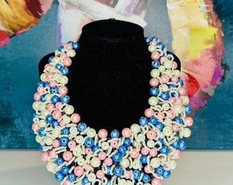 Jack and Jill of America inspired Pink/White/Blue Wired Pearl necklace