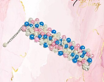 Jack and Jill of America Inspired Pink/White/Blue Wired Pearl Bracelet