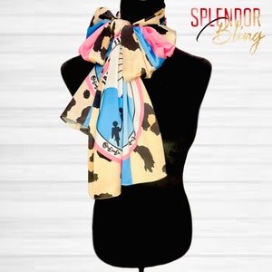 Natural Leopard Print Striped Twill Satin Scarf with Traditional seal Jack and Jill of America logo