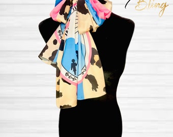 Natural Leopard Print Striped Twill Satin Scarf with Traditional seal Jack and Jill of America logo