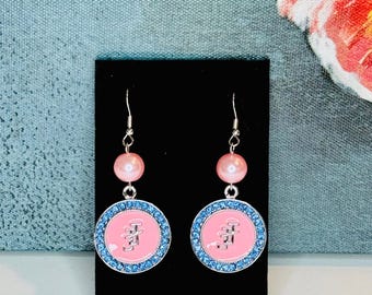 JJOA All PINK Enamel and Pearl with Blue Rhinestone JJ Logo Earrings