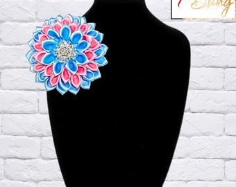 JJOA Medium Blue/Pink/Medium Blue & Pearl Satin Flower Brooch - Jack and Jill of America
