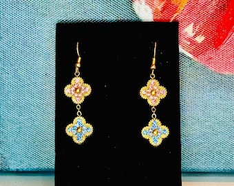 CLOSEOUT JJOA Pink and Blue Rhinestone Clover Dangle Earrings