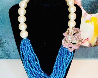 JJOA Oversized Pink Rose Blue Bead Pearl necklace