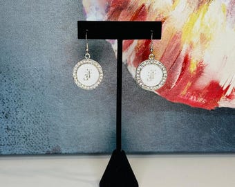 JJOA Protocol Perfect White Enamel and Pearl Rhinestone JJ Logo Earrings