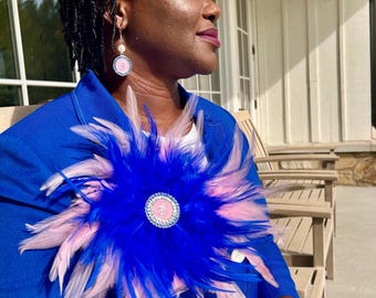 JJOA Cobalt and Pink  Feather Brooch with Interlocking JJ Center - Jack and Jill of America