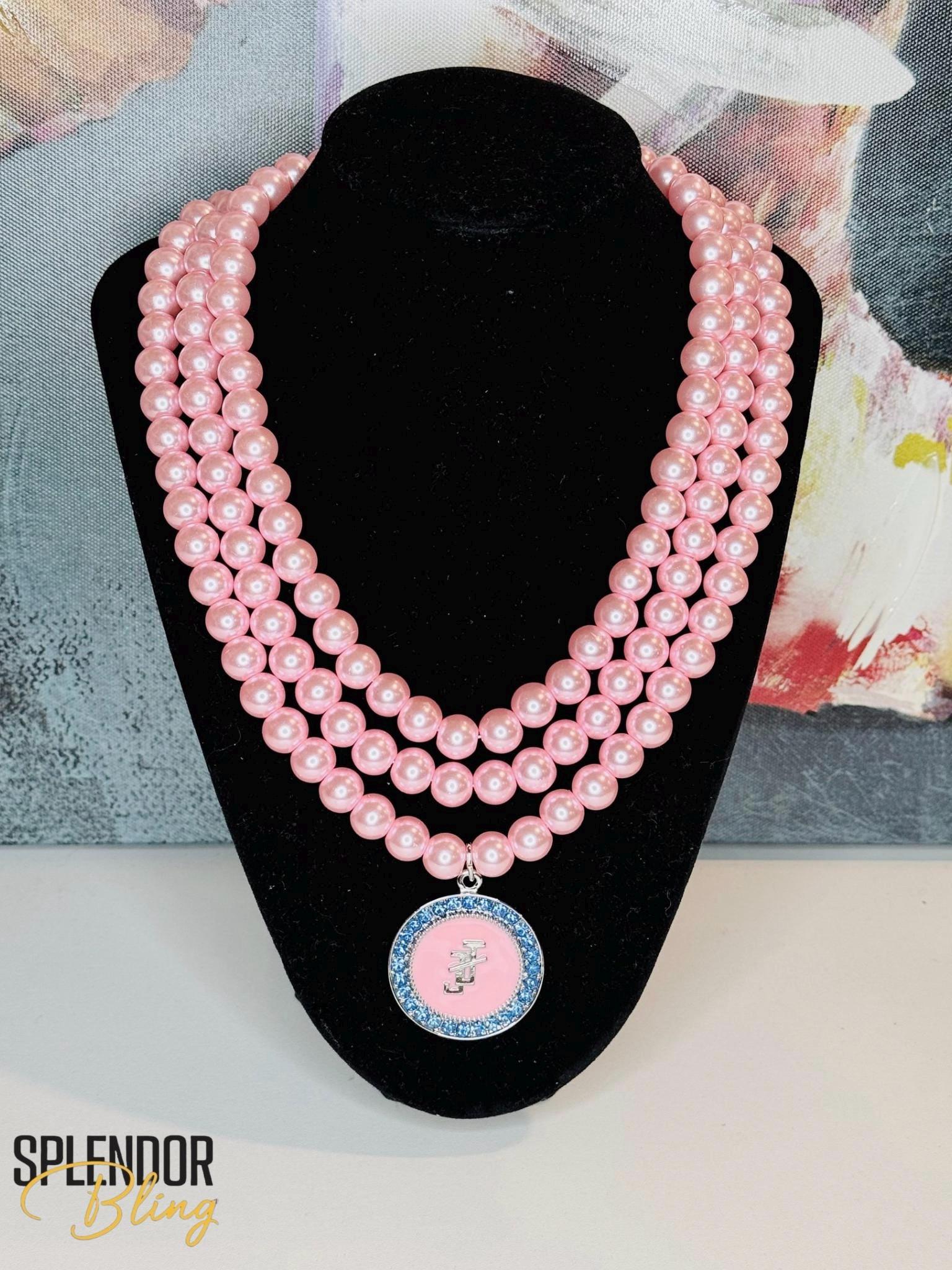 JJOA Pink 3-strand Pearl branded necklace - Jack and Jill of America