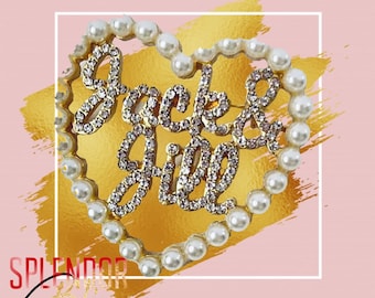 Jack and Jill of America White Pearl & Clear Rhinestone Gold Heart Brooch