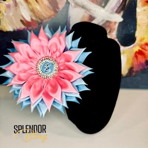 May include: A pink and blue flower-shaped hair bow with a sparkly button in the center. The button has the word "Baby" written on it.