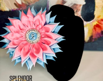JJOA Pink/Light Blue/Medium Blue Satin Kanzashi Ribbon Flower Brooch with Rhinestone Interlocking JJ Center - Jack and Jill of America