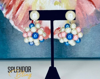 Jack and Jill of America Inspired Pink/White/Blue Pearl Drop Cluster Earrings