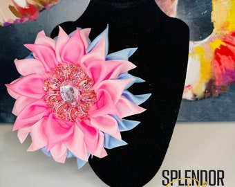 JJOA Pink, Bright Pink and Blue Kanzashi Flower Brooch with Oversized Pink Crystal Center - Jack and Jill of America
