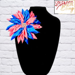 JJOA Pink and ROYAL Blue Satin Kanzashi Flower Brooch with Crystal Center - Jack and Jill of America