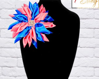 JJOA Pink and ROYAL Blue Satin Kanzashi Flower Brooch with Crystal Center - Jack and Jill of America