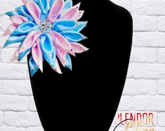 JJOA Pink and Blue Satin Kanzashi Flower Brooch with Crystal Center and petal accents - Jack and Jill of America