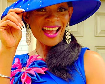 JJOA Pink and ROYAL Blue Satin Kanzashi Flower Brooch with Crystal Center - Jack and Jill of America