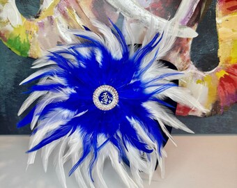JJOA Cobalt Blue and White Feather Brooch with Interlocking JJ Center - Jack and Jill of America