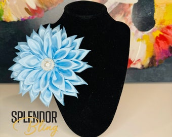 JJOA Blue Satin w/Pearl and Crystal Jewel Kanzashi Flower Brooch - Jack and Jill