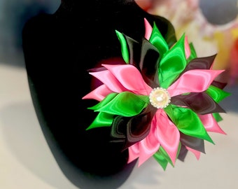 AKA Inspired Pink, Green & Black Satin Flower Brooch with Pearl Center