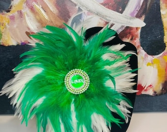 The LINKS Green and White  Feather Brooch with Jeweled Center - The Links Incorporated