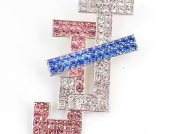 Interlocking JJ 2.25”H Pink Blue Rhinestone pin with Silver Setting - Jack and Jill of America