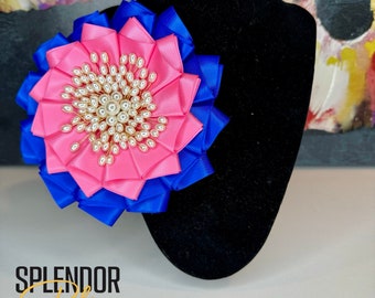 JJOA Pink and Bright Blue Oversized Statement Flower Brooch with Abstract Pearl Center - Jack and Jill of America