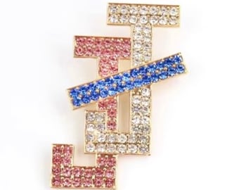 Interlocking JJ 2.25”H Pink Blue Rhinestone pin with Golden Setting - Jack and Jill of America
