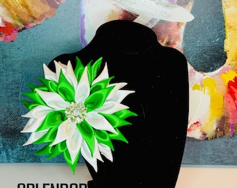 LINKS Green and White Satin w/Crystal Jewel Kanzashi Flower Brooch - The Links Incorporated