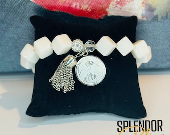 JJOA Protocol Perfect White Square Beaded Bracelet with Seal Logo and Tassel