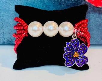 DST Violet Charm Red Bead and Pearl Bracelet