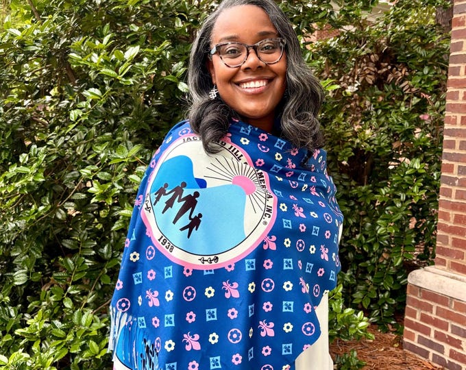 Featured listing image: JJOA Blue High Fashion Fleur de Lis Pashmina Shawl with Color Seal logo
