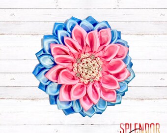 JJOA Pink, Light Blue, Medium Blue & Pearl Satin Flower Brooch - Jack and Jill of America