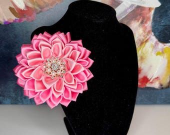 Graduated Light Pink/Medium Pink Satin w/Pearl and Crystal Jewel Flower Brooch - Jack and Jill AKA