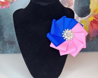JJOA Bold Blue & Pink Grosgrain Ribbon Flower Brooch - Jack and Jill of America