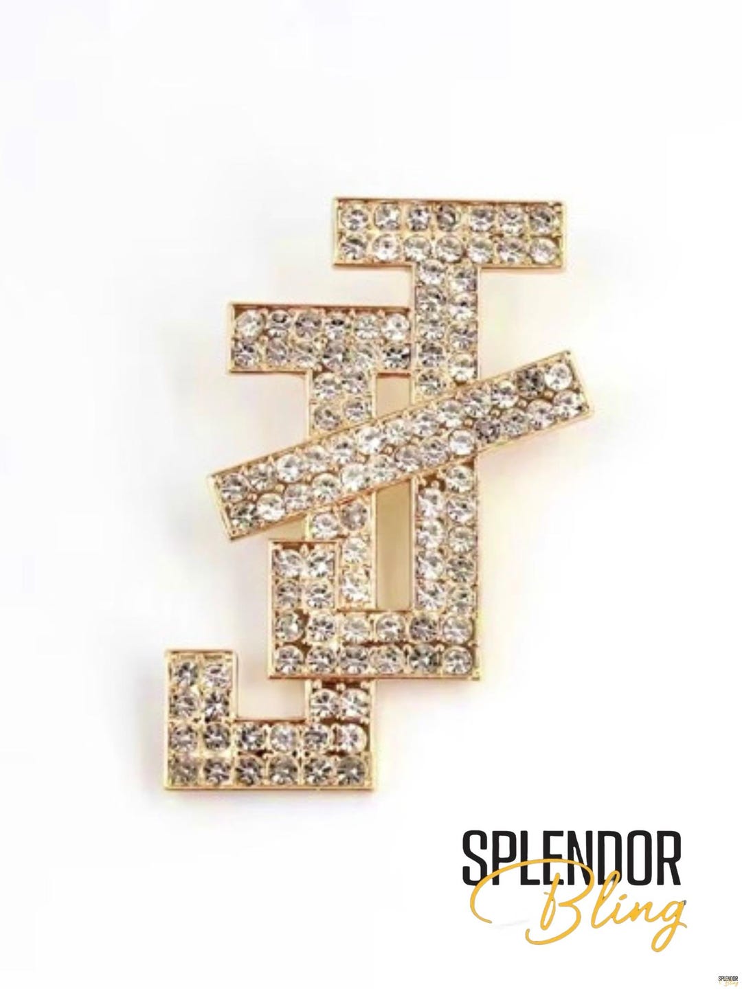 Interlocking JJ 2.25”H White Rhinestone Pin With Gold Setting - Jack ...