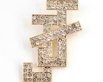 Interlocking JJ 2.25”H White Rhinestone pin with Gold Setting - Jack and Jill of America