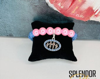 Blue Sparkle & Pink Pearl  Bracelet with Rhinestone Accent Family Charm - Jack and Jill of America