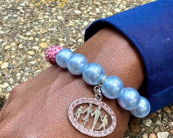 Pink Sparkle & Blue Pearl  Bracelet with Rhinestone Accent Family Charm - Jack and Jill of America