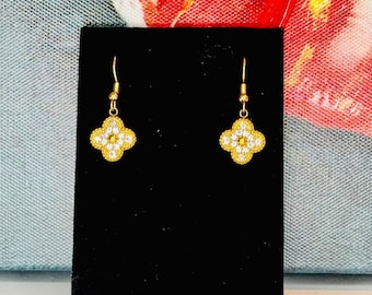CLOSEOUT White Rhinestone Clover Dangle Earrings ONLY