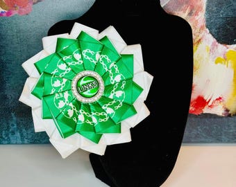 LINKS Green and White Fabric Satiny Flower Brooch with Rhinestone Center - The Links, Incorporated